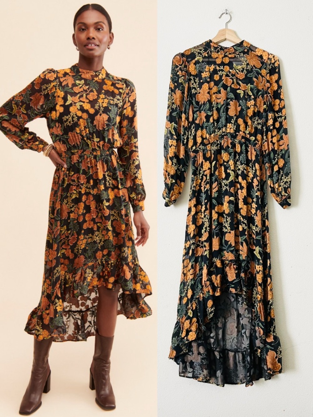 Just. LARGE Mirador black orange floral high low long sleeve midi dress